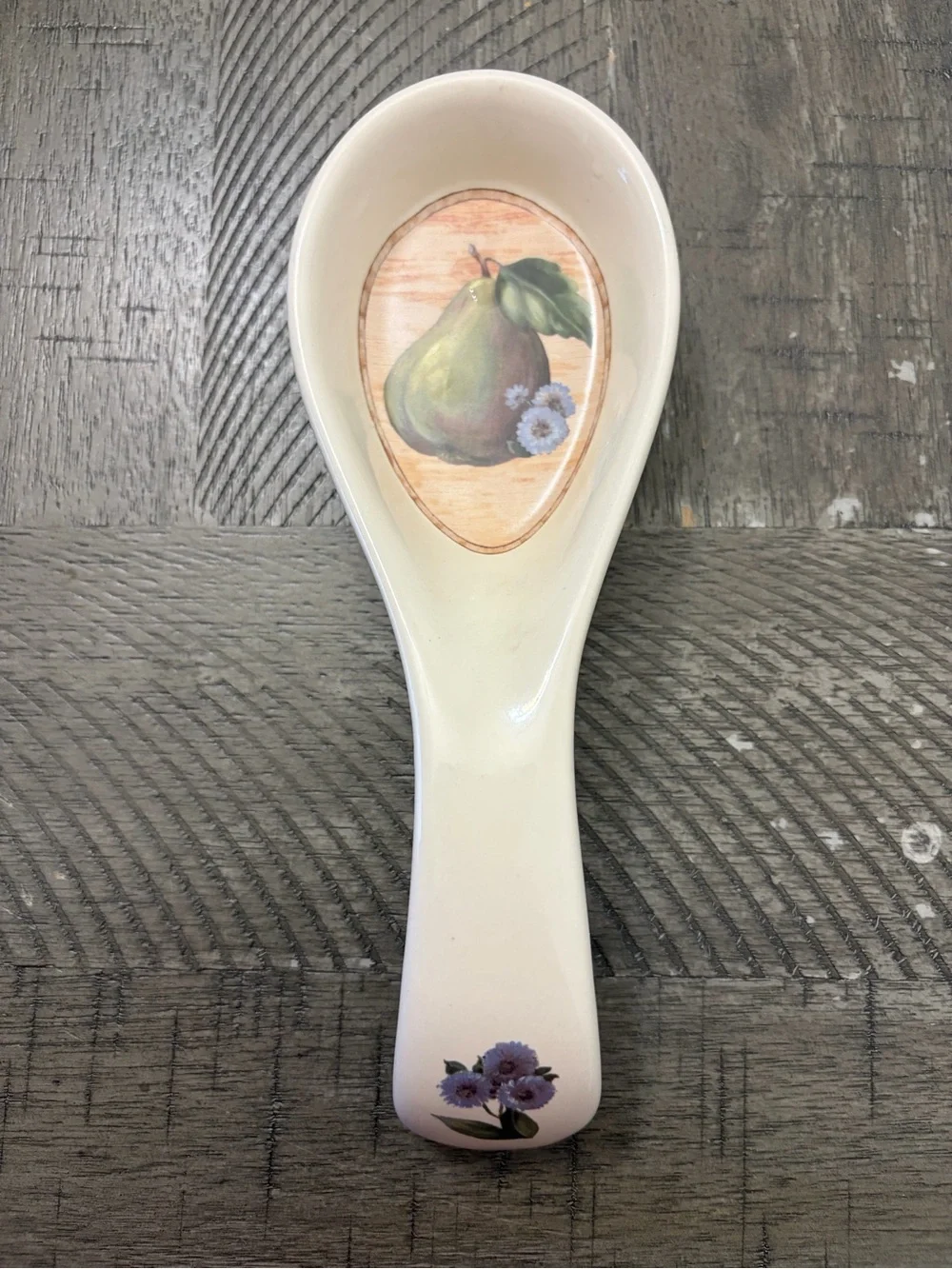 Pamela Gladding Cream Ceramic Spoon Rest with Pear and Floral Motif